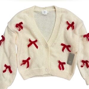 LUNA IVY Anthropologie ☆ Relaxed Red Velvet Ribbon Cream Cardigan ☆ NWT